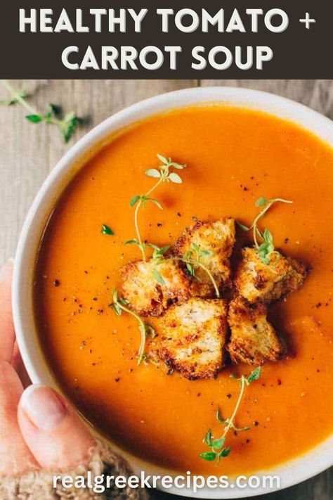 This nutritious Tomato-Carrot Soup is all made from scratch, packed with fresh veggies. Thick, velvety, & naturally sweet. Tomato Carrot Soup, Vegan Carrot Soup, Sweet Carrots, Clean Eating Soup, Gluten Dairy Free, Fresh Tomato Sauce, Sweet Carrot, Soup Vegan, Carrot Soup