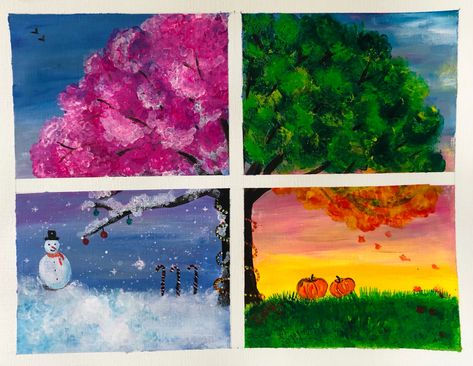 Spring Summer Autumn Winter Drawing, Four Piece Painting, Season Paintings Four, Winter Spring Summer Fall Art, Four Seasons Painting Canvases, Four Season Painting Ideas, Seasons Paintings On Canvas, 4 Season Painting, Four Seasons Drawing