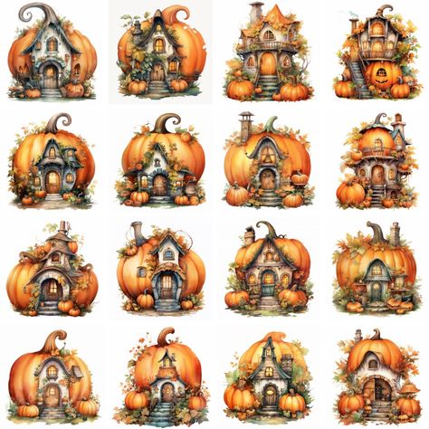 Pumpkin Cottage, Window Clipart, Pumpkin Fairy House, Pumpkin Fairy, Autumn Window, Wall Art Printables, Watercolor Pumpkin, House Clipart, Spooky House