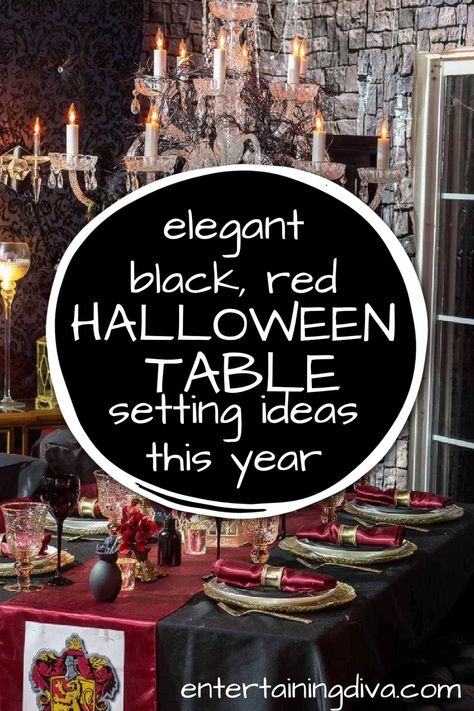 This red, black and gold table setting is gorgeous! It would be beautiful for a gothic wedding or a Halloween dinner party. #entertainingdiva #tablescape #tablesetting #partyideas #halloweenideas Gothic Dining Room Table, Elegant Halloween Table Settings, Vampire Tablescape, Vampire Table Setting, Halloween Table Scapes, Halloween Table Settings Ideas, Black And Gold Table Setting, Goth Dinner, Spooky Tablescape