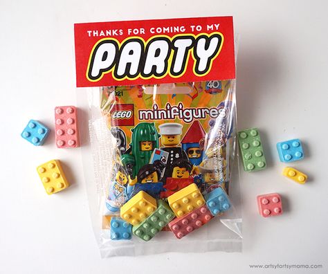 LEGO Minifigure Party with Free Printables | artsy-fartsy mama Lego Goodie Bags, Lego Party Favors Diy, Lego Gift Bags, Ninjago Party Favors, Lego Birthday Party Favors, Lego Party Bags, Lego Favors, Lego Party Favors, Lego Candy