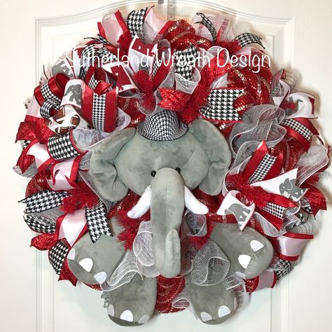 Alabama deco mesh Wreath with stuffed elephant embellishment. Elephant Wreath, Alabama Football Wreath, Mailbox Swags, Animal Wreaths, Alabama Wreaths, Football Wreaths, Wreaths Design, Stuffed Elephant, Sports Wreaths