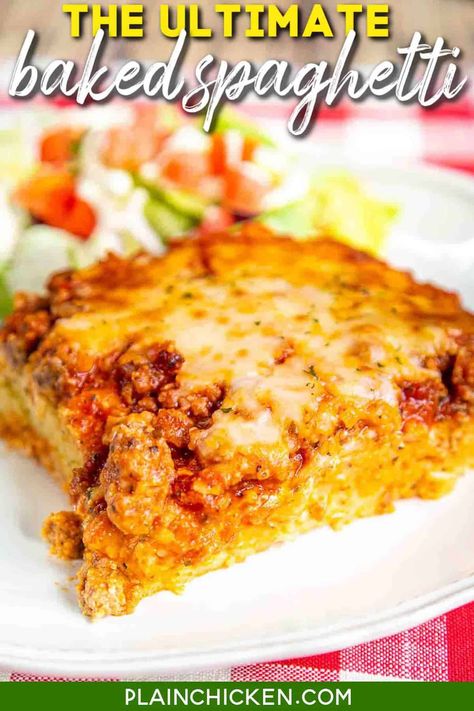 The Ultimate Baked Spaghetti - cheesy spaghetti topped with Italian seasoned cream cheese, meat sauce and mozzarella cheese - SOOOO good! Makes a great freezer meal too! We ate this two days in a row! Ultimate Baked Spaghetti, Quiche Breakfast, Freezer Meal Recipes, Spaghetti Casserole Recipe, Spaghetti Recipes Easy, Cheesy Spaghetti, Baked Spaghetti Casserole, Baked Spaghetti Recipe, Spaghetti Casserole