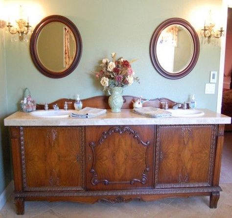 Very nice re-purposing idea.  There are lots of articles on the internet explaining how to do this.  I'm going to do it and will advise how it worked. Baie Vintage, Antique Sideboard Buffet, Baños Shabby Chic, Unique Bathroom Vanity, Vanity Makeover, Bathroom Vanity Designs, Antique Buffet, Diy Bathroom Vanity, Creative Bathroom