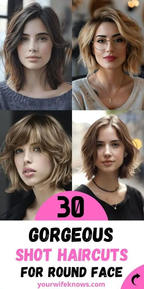 Flattering Haircuts for Round Faces French Short Haircuts For Women, Hair Cut Round Face Woman, Straight Short Hair Round Face, Short Haircuts For Round Faces Wavy Hair, Haircut For Short Neck Round Faces, Short Bob Haircuts For Round Face, Short Neck Haircut, Round Face Haircuts Short Double Chin, Short Wavy Haircuts For Round Faces