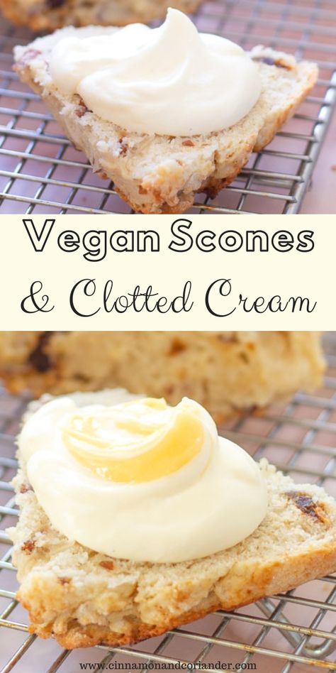 This easy never-fail recipe for vegan scones makes the perfect fluffy scone in just 30 minutes. They are scented with vanilla, stuffed with dated and almonds and bake up beautifully! Tender on the inside and crispy golden on the outside thanks to a maple almond milk glaze. Coconut oil makes these super moist and tender. They can be made sweet or savory. Serve with my vegan clotted cream. #scones #veganbaking #brunch #breakfast #easyrecipes Scones Clotted Cream, Scones And Clotted Cream, Vegan Afternoon Tea, Tea Treats, Vegan Scones, Cream Tea, Clotted Cream, Scone Recipe, Vegan Dessert Recipes