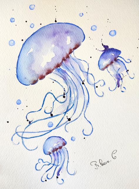 Watercolour Paint Ideas, Watercolor Art Jellyfish, Jellyfish Watercolor Painting, Art Jellyfish, Watercolor Jellyfish, Jellyfish Drawing, Jellyfish Painting, Painting Unique, Watercolor Projects