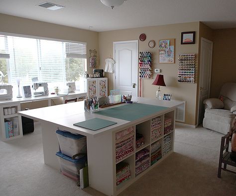 View from the back of the room. My husband made the table from IKEA shelves and hollow core doors from Home Depot :) Creative Shelving Ideas, Craft Studios, Sewing Room Inspiration, Small Craft Rooms, Sewing Spaces, Sewing Room Design, Sewing Storage, Dream Craft Room, Ikea Shelves