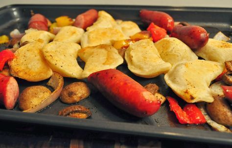 Oven Baked Perogies and Sausage Perogies And Sausage Recipe, Perogies And Sausage, Baked Perogies, Perogies Recipe, Sausage Bake, Cheap Easy Meals, Cheap Dinners, Oven Recipes, Sheet Pan Recipes