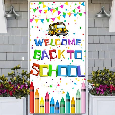 PRICES MAY VARY. Back to School Door Decorations: The welcome back to school door cover is designed with pencils and other school elements in a fun design, creating an impressive first day of school Easy to Install: The classroom welcome door cover are 4 holes on the welcome back to school porch sign banner, and it comes with a 6m/20 ft white long rope, put the string through the holes in the four corners of the door cover to hang directly, saving your decoration time for the party Wide Applicat Decoration For Classroom, Welcome Back To School Banner, Sign For Classroom, Back To School Banner, Welcome Front Door, Classroom Background, Classroom Welcome, School Door Decorations, Door Poster