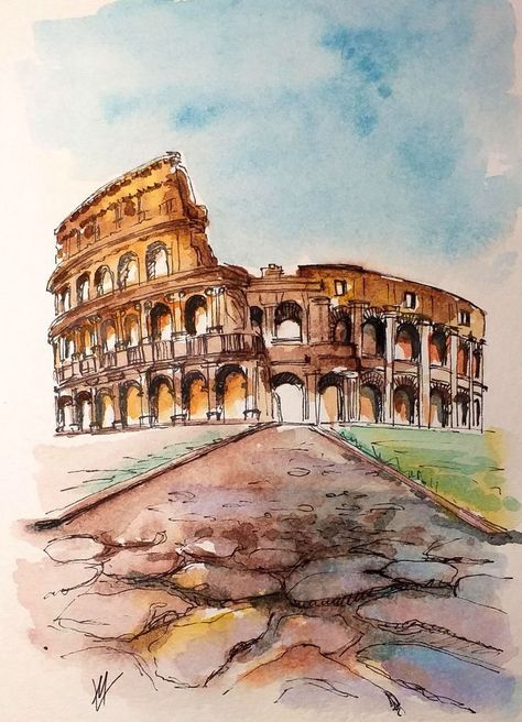 Rome Watercolor Painting, Watercolor Building Paintings, Italy Watercolor Paintings, Cool Nature Tattoos, Cool Nature, Architecture Drawing Sketchbooks, Building Painting, Watercolor Architecture, Architecture Design Drawing