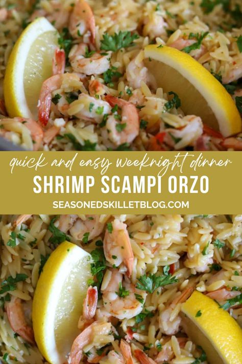 Shrimp Scampi Orzo is a delicious one-pot meal that combines tender pasta with juicy shrimp, all tossed in a flavourful mix of garlic, butter, and a splash of fresh lemon. Everything comes together with a quick simmer, for an easy weeknight dinner. Shrimp Scampi With Vegetables, Shrimp Scampi Orzo, Shrimp And Ravioli Recipes, Shrimp And Orzo Recipes, One Pot Shrimp Scampi, Lemon Shrimp Orzo, Italian Shrimp Pasta, Shrimp Scampi With Orzo, Easy Shrimp Dinner Recipes