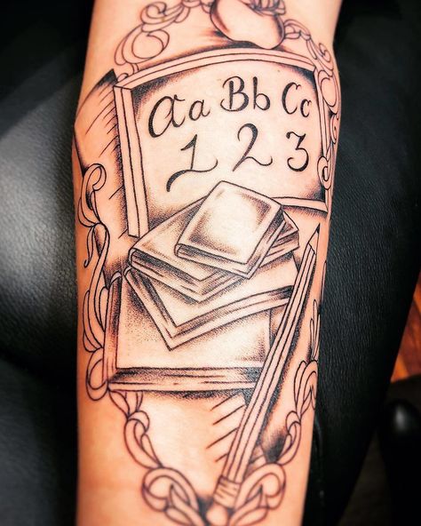 CafeMom.com : ABC Teacher Tattoo : 40 Teacher Tattoos For Everyday Heroes -- This teacher tattoo combines a lot of traditional teaching elements: books, a pencil, and a chalkboard. The collage of items comes together perfectly and it makes a great arm piece. Special Education Teacher Tattoo, Education Tattoo Ideas Teachers, Teacher Tattoo Ideas Teaching, Preschool Teacher Tattoo Ideas, Teacher Tattoo Ideas Simple, Tattoos Teacher, Monogram Of The Alphabet, Teacher Tattoo Ideas, Teaching Tattoos