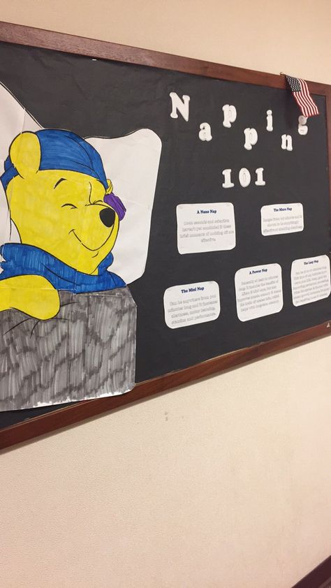 Napping 101 RA bulletin board Nap Time Bulletin Boards, Winnie The Pooh Bulletin Board, Res Life Bulletin Boards, Sleep Cartoon, Door Bulletin Boards, Ra Themes, Ra Bulletins, Ra Boards, Ra Bulletin Boards