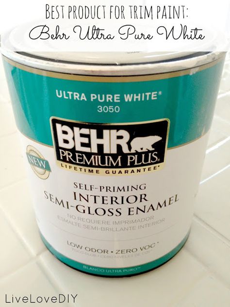 Best Trim Paint - Behr Ultra Pure White Semi Gloss: "When I paint my trim I always use Behr Ultra Pure White in a semi gloss finish. I love the ultra-pure white because it has zero amounts of any other color. That way when you paint your walls, the color really pops against the pure white." Best White Paint For Trim, White Paint For Trim, Painting Trim White, Best White Paint, Paint Can, Painting Trim, White Paint, Baseboards, Painting Tips