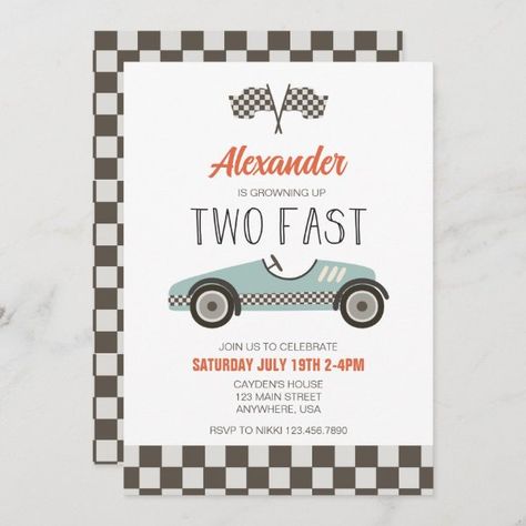 Two Fast BLUE Race Car Birthday Invitation Retro Race Car, Vintage Race Car Birthday, Blue Race Car, Third Birthday Invitations, 98th Birthday, Cars Birthday Invitations, Red Race, Cars Theme Birthday Party, 2nd Birthday Invitations