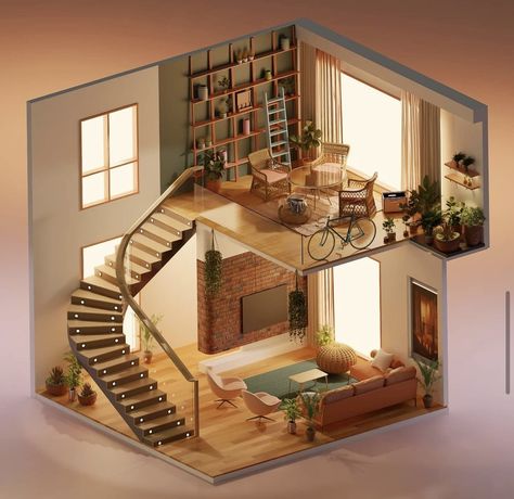 Isometric Rooms, Home 3d, 3d Isometric, Sims 4 House Building, Concrete Furniture, Low Poly Art, Loft House, Interior Rendering, Interior Concept