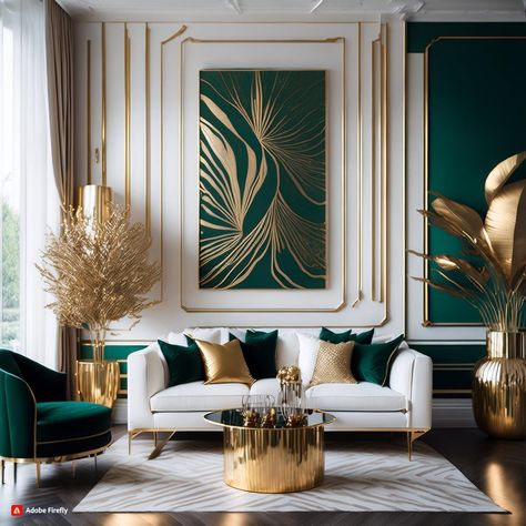 Emerald Green Gold Living Room Decor, Emerald Green And Leopard Living Room, Emerald Green Statement Wall, Dark Green And Gold Dining Room, Emerald And Brown Living Room, Black Brown Gold Green Living Room, Green And Gold House Decor, Green Gold Office Decor, Black White Green Apartment