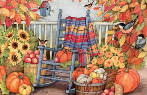 Susan Winget - AUTUMN BREEZE Blue Rocking Chair, Harvest Porches, Autumn Porch, Susan Winget, Thanksgiving Wallpaper, Autumn Scenes, Theme Halloween, Fall Porch, Fall Pictures