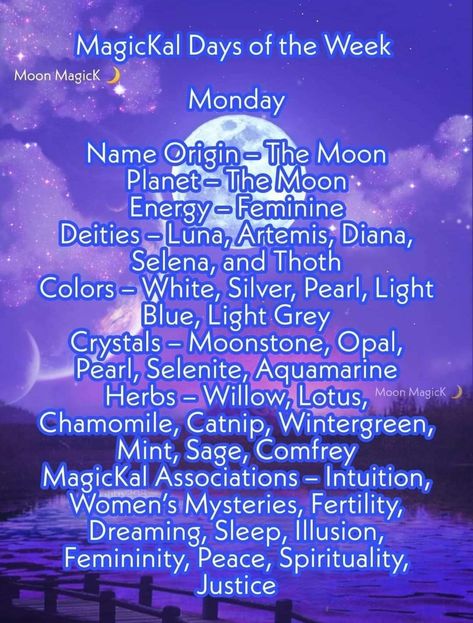 Monday Spells, Daily Correspondences, Witchy Knowledge, Monday Magic, Pagan Aesthetic, Magickal Correspondences, Grimoire Ideas, Magic Monday, Divination Witch