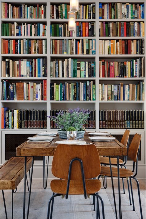 This amazing Dining Room with built in library is made even more amazing by the rustic cross-sawn timber floor. Waxed Floors - The natural home of real wood flooring. Bespoke European Engineered Timber Flooring. Made to order in your choice of colour, grade, finish and pattern design.   Showroom in Battersea, London.  Delivered and supplied throughout the UK/EU. Library Decor Ideas, White Floorboards, Dining Room Library, Home Library Decor, Bibliotheque Design, Library Room, Room Library, Bookshelf Styling, Home Libraries