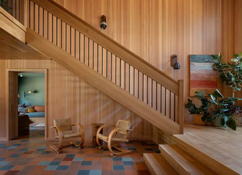 1970s Flooring, Disco Floor, 1970s House, Pond House, Two Sided Fireplace, Farrow & Ball, Quarry Tiles, Glazed Brick, Custom Chandelier