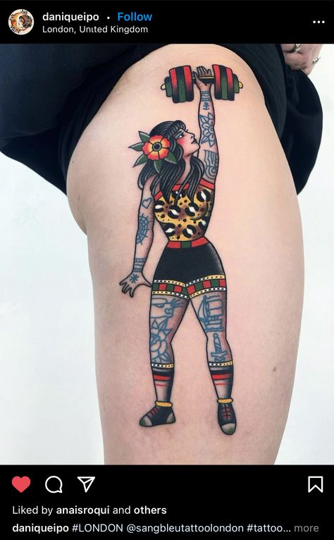 Muscle Mommy Tattoo, Traditional Barbell Tattoo, Traditional Tattoo Weight Lifter, Male Pinup Tattoo, Thigh Pinup Tattoo, American Traditional Tattoos Pinup, Traditional Pin Up Girl Tattoos, Dumbbell Tattoo, Carnival Tattoo