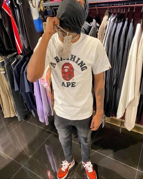 Men Bape Outfit, Bape T Shirt Outfit Men, Bape T Shirt Outfit, A Bathing Ape Outfits, Bape Shirt Outfit, Bape Outfits, Bape T Shirt, Bape Shirt, Black Men Fashion Urban