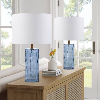 Highland Dunes Amirah Table Lamp & Reviews | Wayfair Blue Glass Lamp, Blue Dorm, Blue Table Lamp, Blue Lamp, Entryway Console Table, Fixture Table, Bedside Night Stands, Entryway Console, Lamp Set