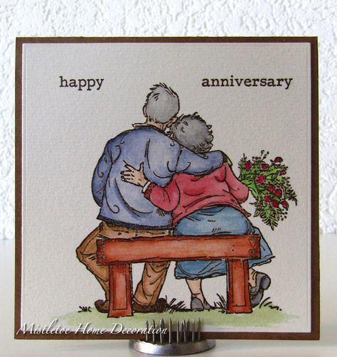 Anniversary card with Tom and Tilly by Penny Black Stamp - Old couple on a bench Vieux Couples, Art Impressions Cards, Anniversary Cards Handmade, Penny Black Cards, Art Impressions Stamps, Penny Black Stamps, 50th Anniversary Party, Diy Anniversary, Old Couples