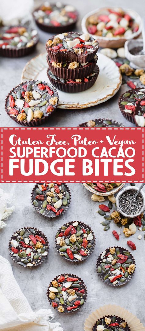 These Superfood Cacao Fudge Bites are creamy, so rich in cacao flavor, and topped with all sorts of delicious superfoods, like @sunfood cashews, goji berries, chia seeds, and more. They'll satisfy your candy craving and they're gluten-free, paleo, and vegan! Goji Berry Recipes, Healthy Vegan Dessert, Cheesecake Vegan, Paleo Recipes Dessert, Cake Vegan, Gluten Free Desserts Recipes, Berries Recipes, Paleo Vegan, Chocolate Bark