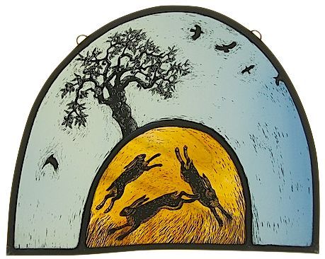 Tamsin Abbott, Three Hares, Stained Glass Home, Glass Home Decor, Stained Glass Paint, Glass Engraving, Glass Home, Light Copper, Stained Glass Panel