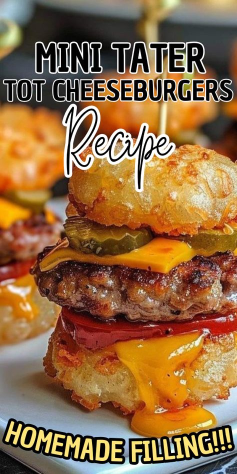 Mini Tater Tot Cheeseburgers Cheesy Party Burgers, Mini Tater Tot Cheeseburgers, Mini Tator Tot Cheeseburger, Stuffed Tater Tots Recipes, Tater Tot Appetizer Recipes, Tater Tot Cheeseburger, Tater Tot Appetizers, Tot Recipes, Mini Cheeseburger