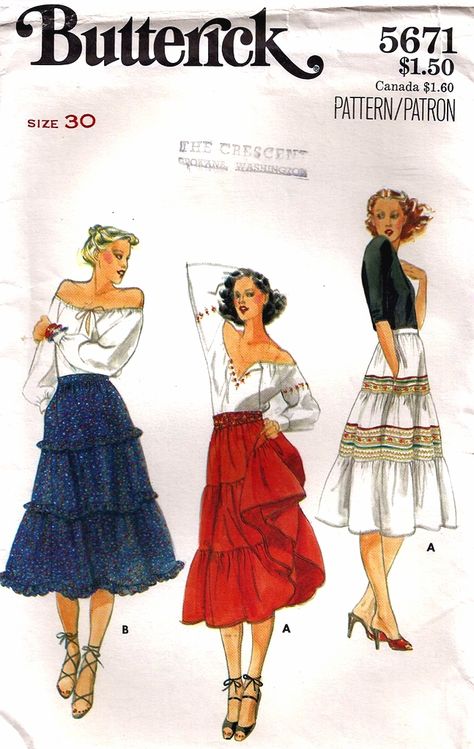 Tiered Skirt Pattern, Butterick Patterns Vintage, Dirndl Skirt, Side Extension, 70s Inspired Fashion, Skirt Sewing, Pretty Skirts, Bohemian Blouses, Butterick Pattern