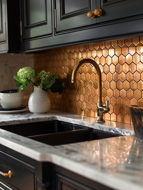 Mercury Glass Backsplash, Backsplash Black Cabinets, Backsplash With Black Cabinets, Dark Cabinet Kitchen, Kitchen Flooring Tile, Backsplash Ideas For Dark Cabinets, Brown Backsplash, Glass Backsplash, Cabinet Kitchen