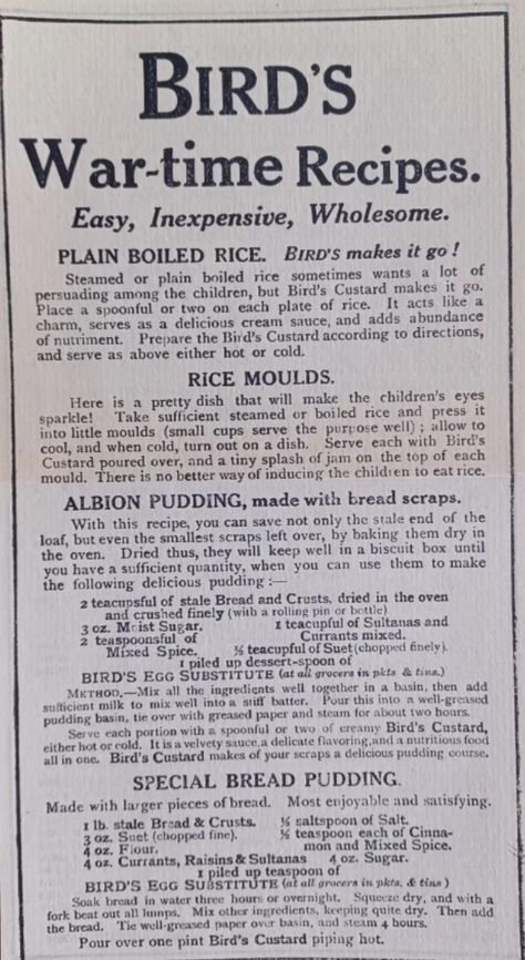 Vintage Recipes Lost, Wartime Recipes Uk, Wartime Kitchen, Wwii Recipes, Tiny Meals, Vintage Bread Pudding Recipes, Cooking Vintage, Easter Rising 1916, Bird's Custard
