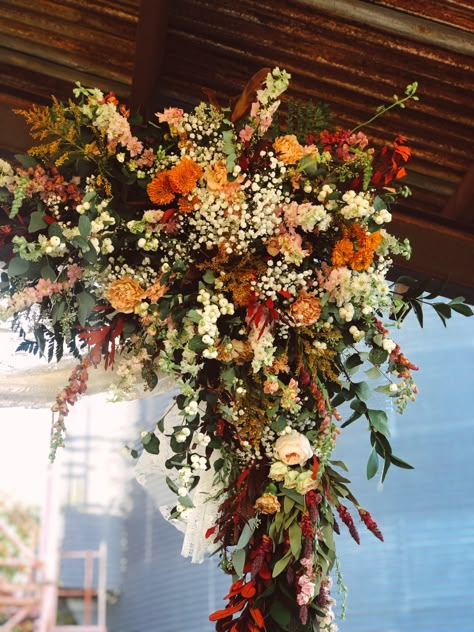 Large Fall Wedding Floral Arrangements, Corner Arch Flowers, Fall Flower Arch, Ceremony Florals On The Ground, Party Reference, Eclipse Wedding, Terracota Wedding, Irish Wedding Vows, Hanging Centerpiece