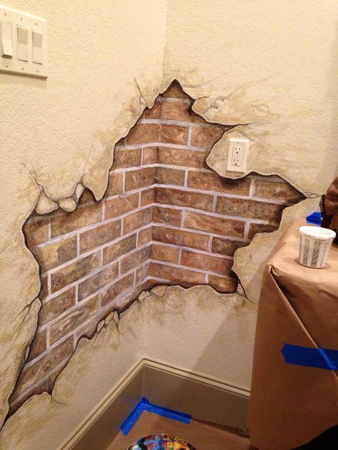 Brick Wall Painting Art, Brick Wall Drawing, Brick Wall Art, Brick Wall Decor, Log Cabin Ideas, Stone Wall Design, Break Wall, 3d Wall Painting, Faux Brick Walls