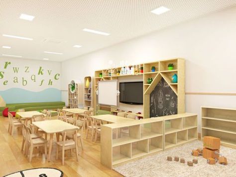 Montessori Kindergarten & Daycare Design 🎨 Kids Reading Area, Daycare Design Ideas, Kids Indoor Play Area, Rocking Bed, Bed Montessori, Kindergarten Library, Daycare Furniture, Childcare Rooms, Kids Indoor Play