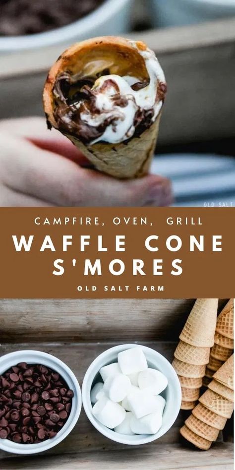 Waffle Cone S'mores #smores #campfire #campfirecones #waffleconesmores #summerdessert #campfiretreats #summerideas #firepit #smoresintheoven #smoresonthegrill #smoresonthestove Smores Campfire, Campfire Cones, Smores Ice Cream, Fudge Stripe Cookies, Campfire Desserts, Quick Cookies Recipes, Chocolate Recipes Easy, Camping Desserts, Waffles Easy