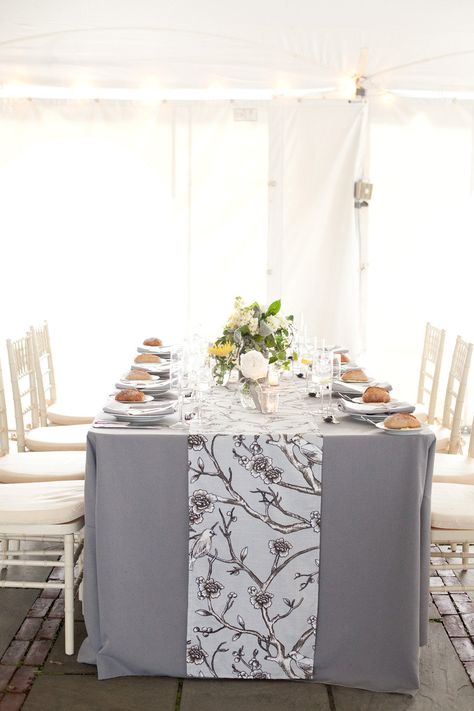 Wedding Table Cloth, Grey Tablecloths, Cloth Designs, Printed Table Runner, Tree Table, Weddings By Color, Hudson Valley Wedding, Wedding Reception Inspiration, Grey Table