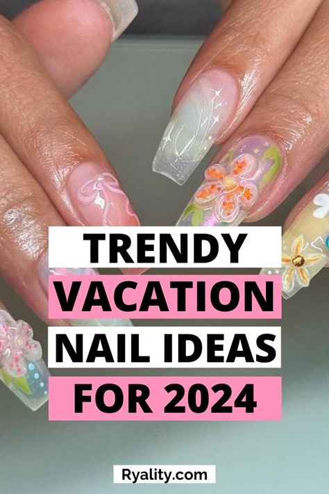 Oh my goodness, these would be the perfect tropical vacation nails I'm obsessed December Vacation Nails, Vacation Nails Gel, Beach Nail Designs Vacations, Mexico Nails Vacations, Tropical Vacation Nails Beach, Neutral Vacation Nails, Nails For Hawaii Vacation, Vacation Nail Inspiration, Mexico Vacation Nails