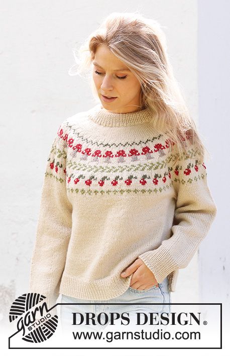 Mushroom Season Sweater / DROPS 245-11 - Free knitting pattern Magazine Drops, Work Sweaters, Crochet Mushroom, Free Knitting Patterns, Knitting Kits, Crochet Diagram, Sweater Knitting Patterns, Work Tops, Free Knitting Pattern