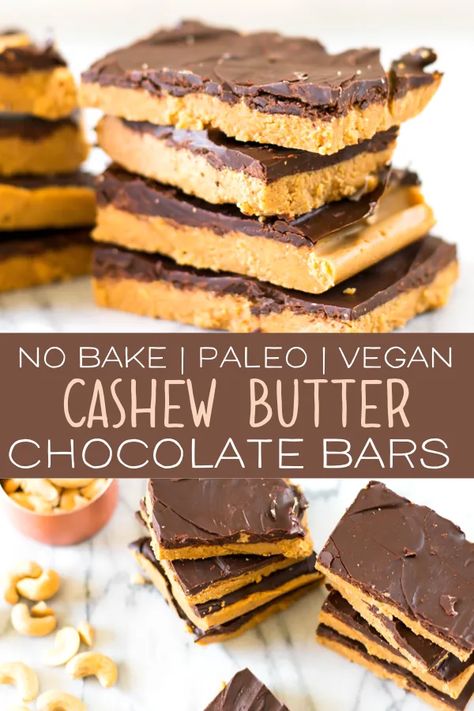 Paleo Cashew Butter Chocolate Bars (No Bake, Gluten Free, Vegan) - Beauty and the Bench Press Healthy Slices, Chocolate Cashew Butter, Bake Gluten Free, Chocolate Cashew, Paleo Recipes Dessert, Clean Eating Desserts, Paleo Sweets, Paleo Desserts, Bake Dessert