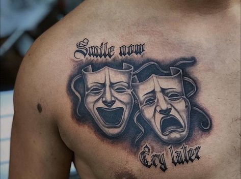 Traditional Chicano Tattoos, Tattoo On Chest, Smile Now Cry Later, Art Chicano, Chicanas Tattoo, Chicano Tattoos Sleeve, Latest Tattoo Design, Laugh Now Cry Later, Smile Tattoo