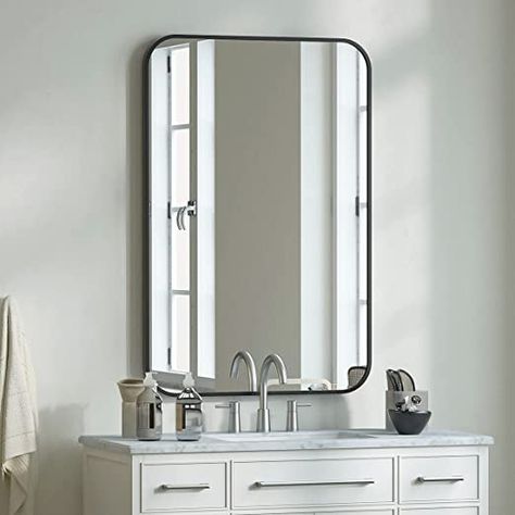 BEAUTYPEAK Wall Mirror 20" x 28" Rectangular Bathroom Mirror with Aluminum Alloy Frame, Rounded Corners Hanging Mirror for Living Room Bedroom Bathroom Entryway, Hangs Horizontal or Vertical, Black Rectangular Bathroom Mirror, Rectangular Bathroom, Shaving Mirror, Vanity Mirrors, Main Bathroom, Living Room Mirrors, Rectangular Mirror, Mirror Set, Bathroom Vanity Mirror