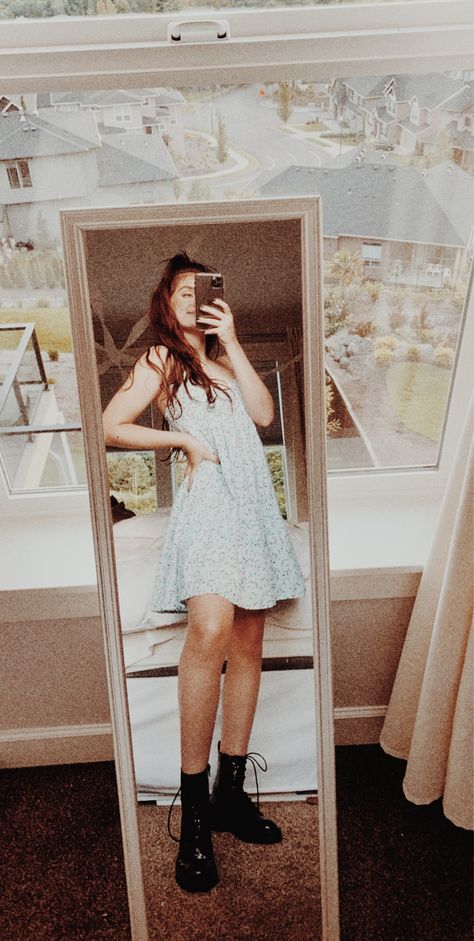 baby blue sundress with black combat boots Sundress With Boots, Combat Boots Aesthetic, Dress With Combat Boots, Ripped Dress, Short Sundress, Blue Sundress, Combat Boot Outfit, Black Combat Boots, Floral Sundress