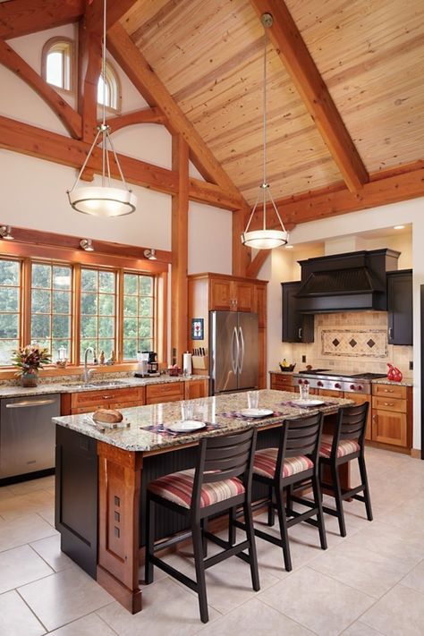 Kitchen & Dining Room Photos | Riverbend | Riverbend Timber Framing Timber Frame Kitchen Ideas, Timber Frame Interior Design, Timber Frame Interior, Rustic Ceiling Light Fixtures, Dining Designs, Kitchen Dining Rooms, Timber Frame Kitchen, Rustic Ceiling Lights, Timber Frame House