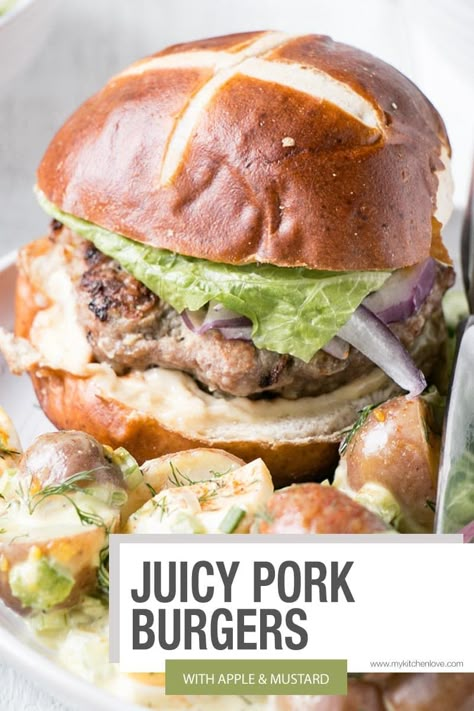 Juicy and flavourful Apple Mustard Pork Burgers on Pretzel Buns with a Mustard Mayonnaise Spread. AKA a completely amazing burger recipe! Homemade Pork Burgers, Pork Patties Recipes Dinners, Pork Patty Recipes, Ground Pork Burgers Recipes, Pork Burgers Recipes Ground, Pork Patties Recipes, Ground Pork Burgers, Homemade Patties, Apple Buns