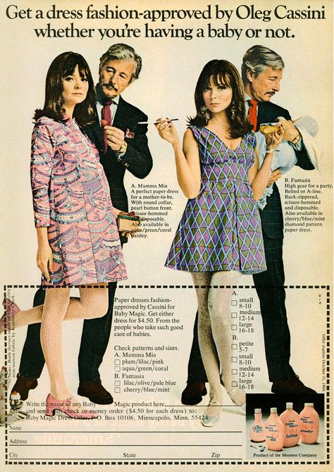 1968 Paper Maternity Dresses approved by Oleg Cassini! 70s Maternity Fashion, 70s Maternity, Marvelous Wonderettes, 1960s Maternity, 1960s Couture, Vintage Maternity Clothes, Late 60s Fashion, 1960’s Fashion, Vintage Maternity